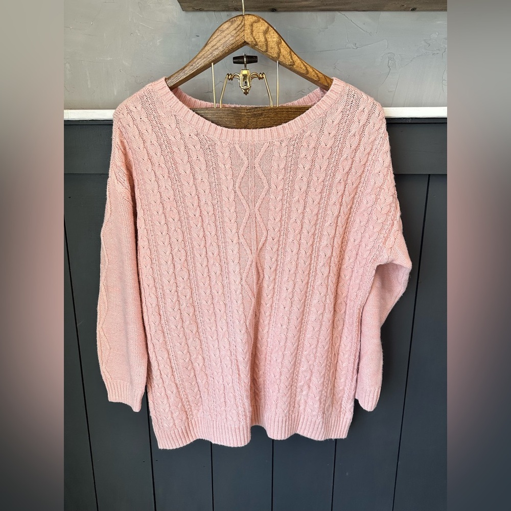 CJ Banks Cozy Soft Pink Crew‎ Neck Cable Knit Sweater Size 1X